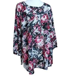 NYDJ Blouse Top 2X‎ Floral Pleats Popover Dressy Career Office Event Roses Artsy